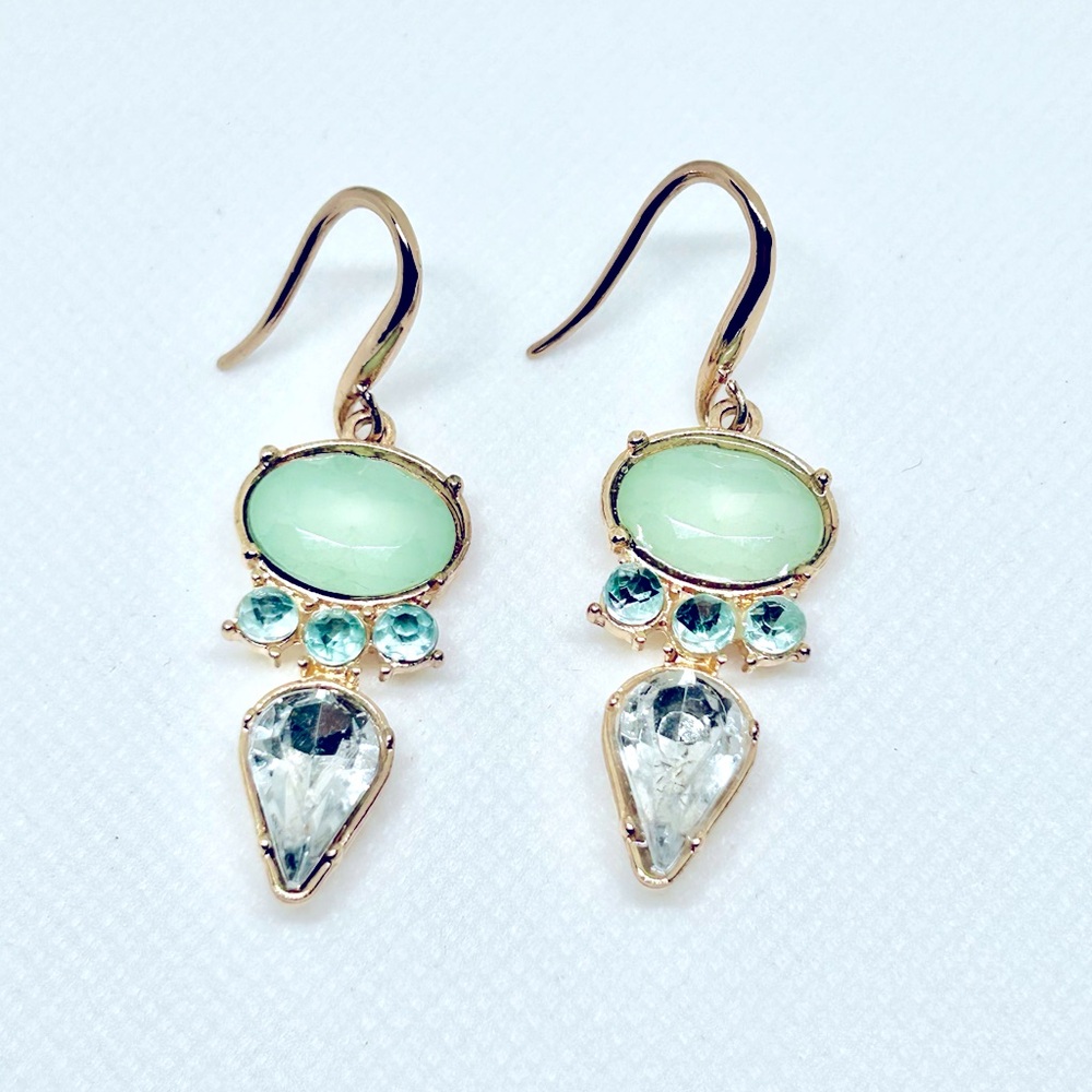 Aqua Chalcedony Crystal Glass & Rhinestone Statement Drop Earrings